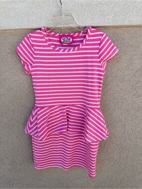 Girls 2 Princess Pink and White Striped Peplum Dress